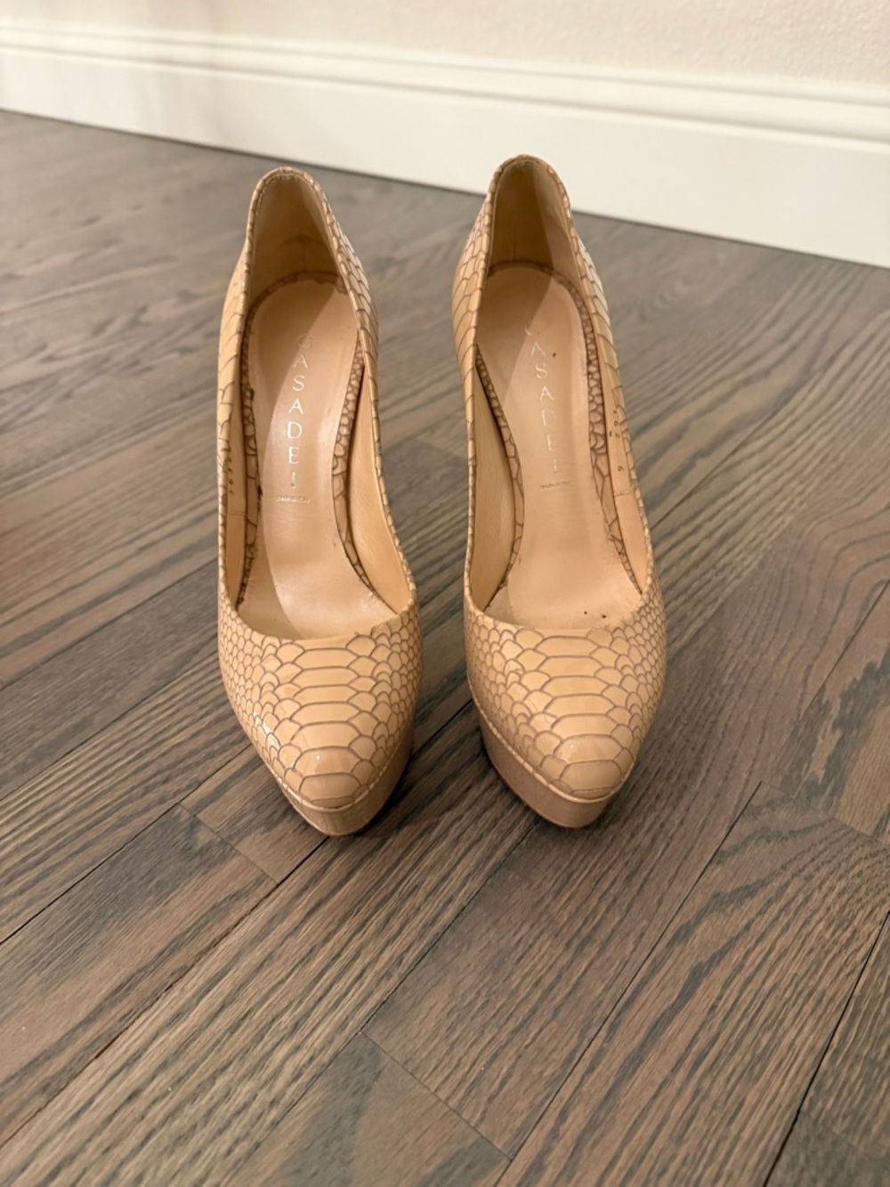 Casadei Beige Snake-Embossed Platform Pumps